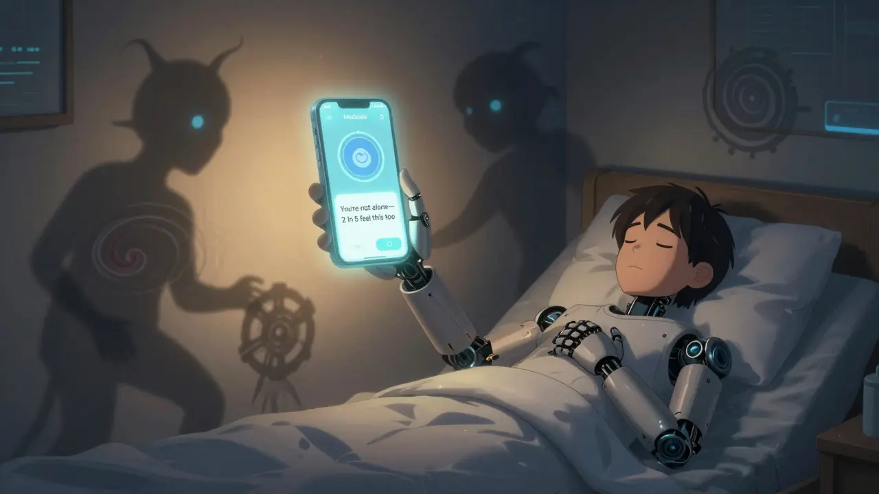 Patient at night is surrounded by symbolic side effect shadows, calmed by a glowing health app.