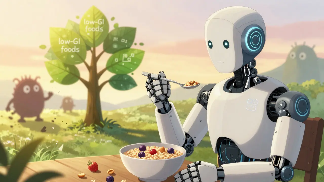 Patient eats low-GI meal with robot companion as sugar monsters dissolve, bathed in warm sunrise light.