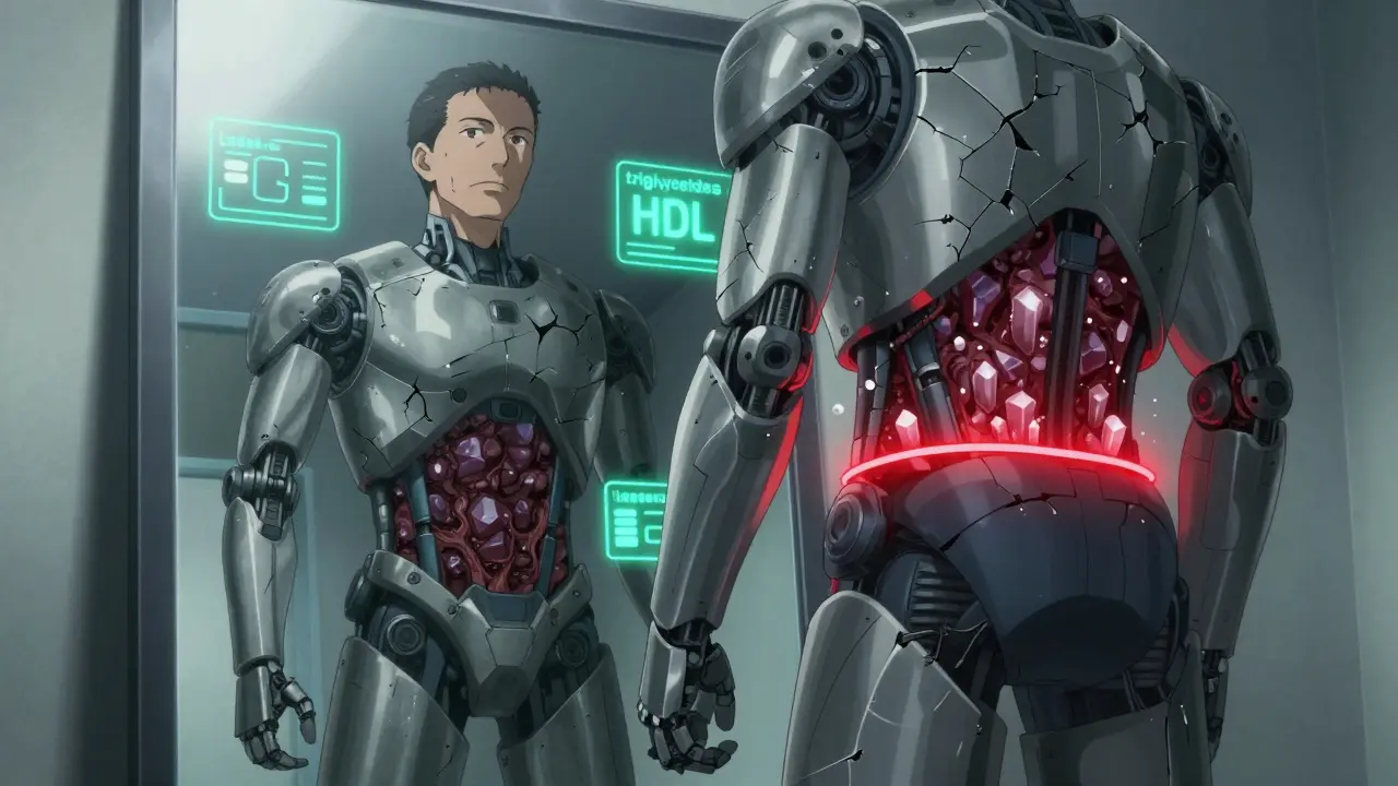 Person's reflection as a cracked robotic exoskeleton revealing internal metabolic damage and floating health metrics.