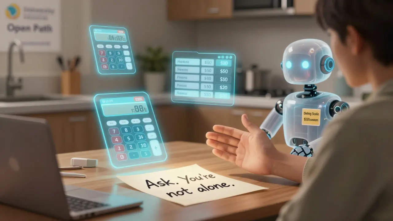 Person at table with holographic cost trackers and a helpful robot offering sliding scale therapy options.