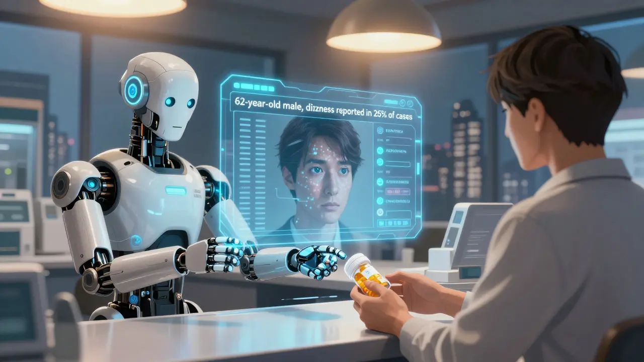 Pharmacist hands medication to patient while an AI interface shows real-world side effect statistics.
