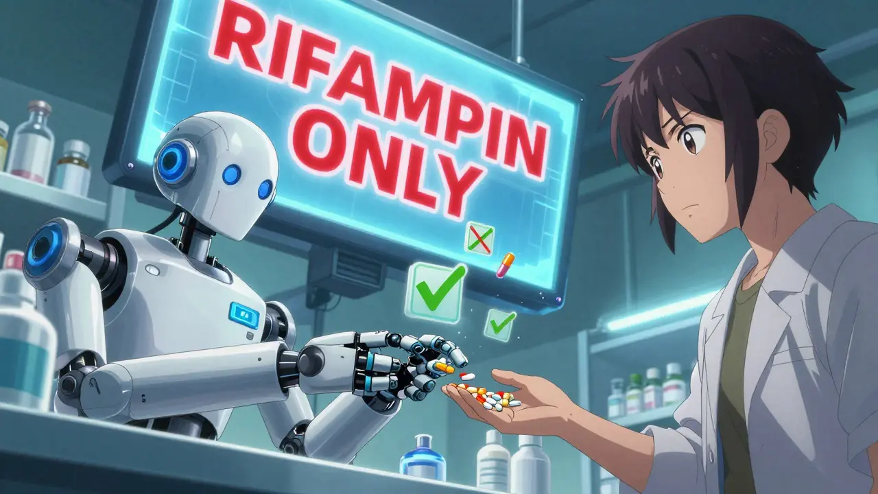 Pharmacist robot dispensing pills with a hologram showing 'RIFAMPIN ONLY' as other antibiotics are marked safe.