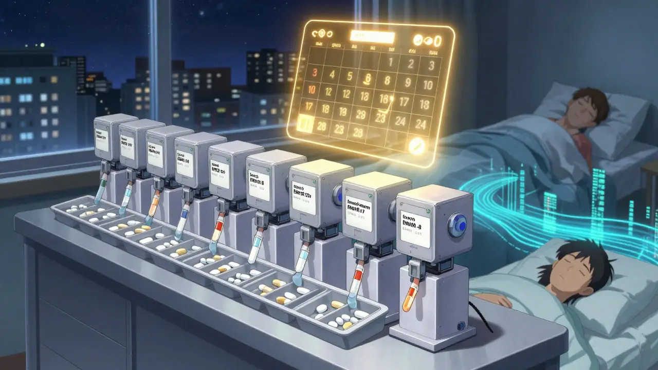 Robotic dispensers synchronize monthly pills into one tray, with a glowing calendar above symbolizing medication safety.