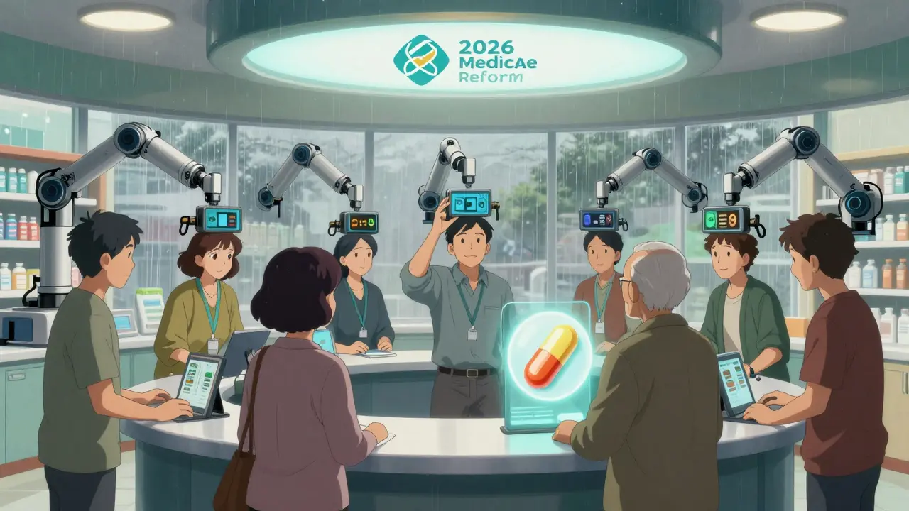 Seven patients receive personalized digital medication schedules from robotic arms in a high-tech pharmacy under a reform-era logo.