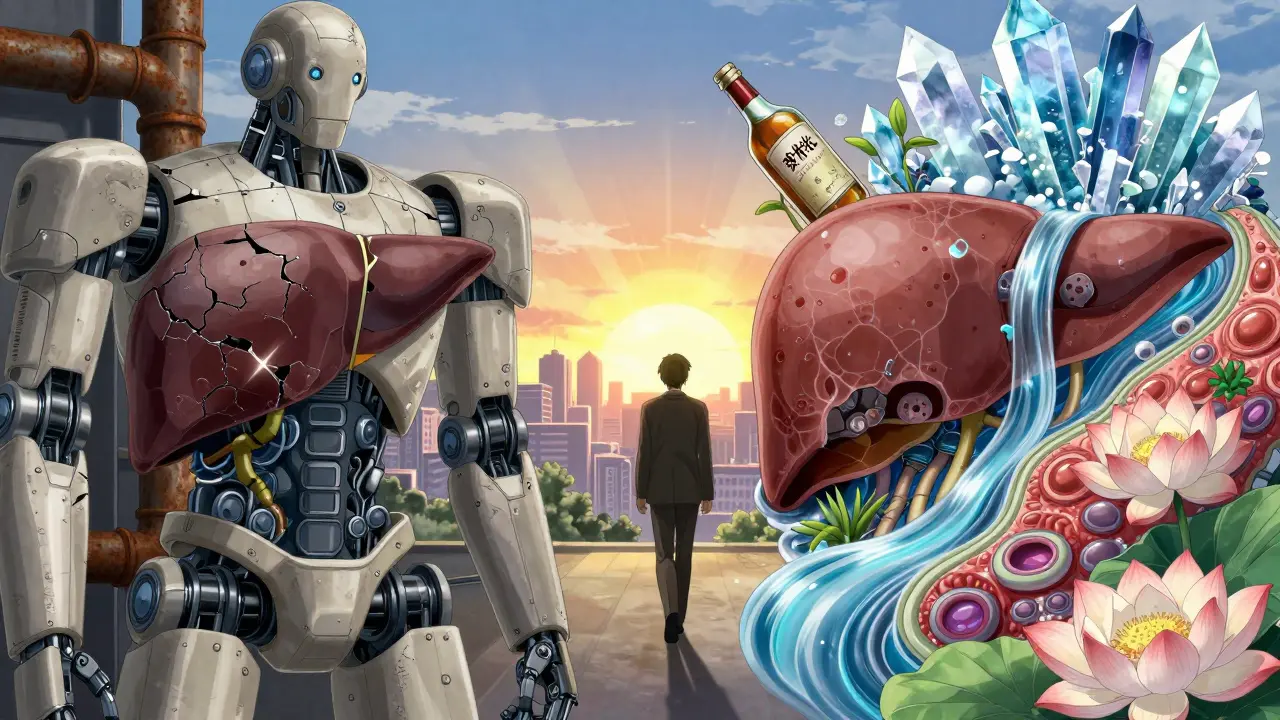 Split scene: damaged liver on left, healing liver on right, with a person walking away from alcohol toward sunrise.