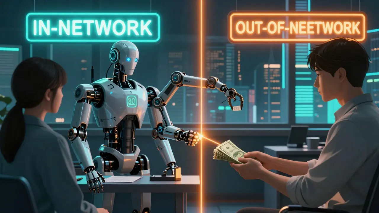 Split scene: one side shows low copay at in-network therapy, other side shows high cash payment at out-of-network session.