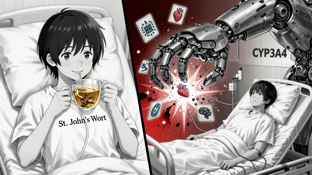 Split scene: peaceful herbal tea drinker vs. collapsed patient as robotic systems fail, symbolizing dangerous drug interactions.