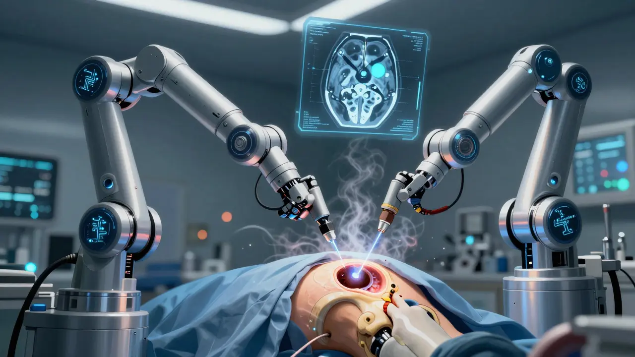 Surgeon placing bioabsorbable anchor during hip arthroscopy with holographic imaging