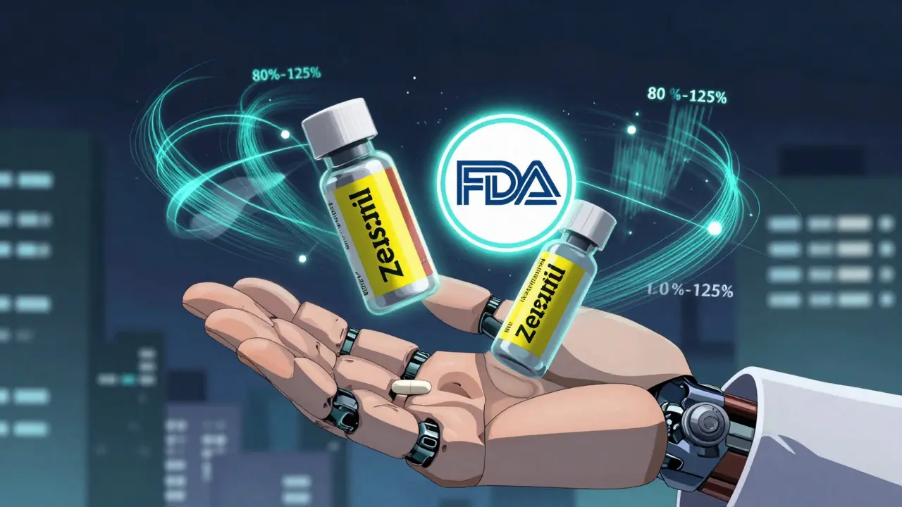 Two pills float beside a glowing FDA seal, with digital data streams showing identical absorption rates.