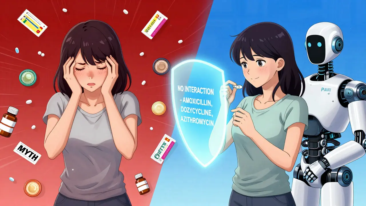 Woman calmly taking birth control pill beside a robot projecting truth shield: no interaction with common antibiotics.