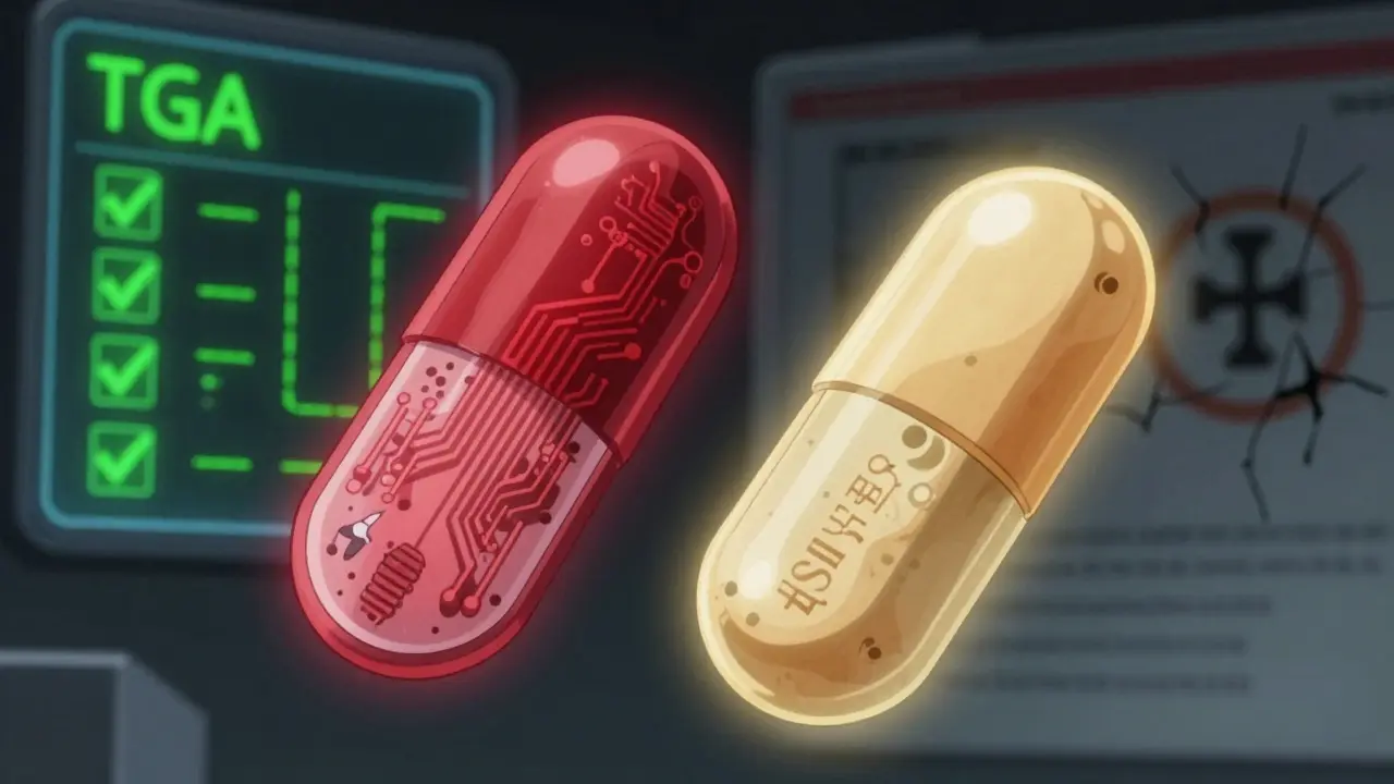 A counterfeit pill with corrupted internals contrasts with a real pill glowing golden, beside a verification screen showing authenticity.