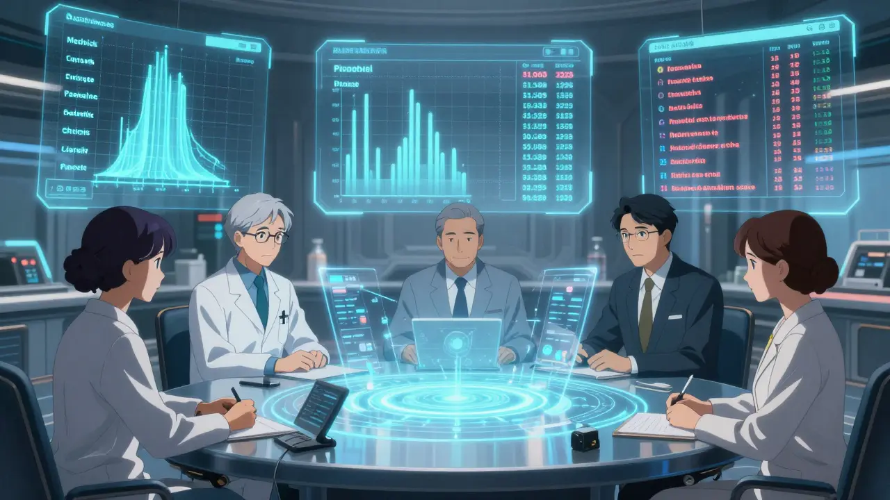 A diverse ethics committee reviews patient data on holographic displays in a high-tech decision room.