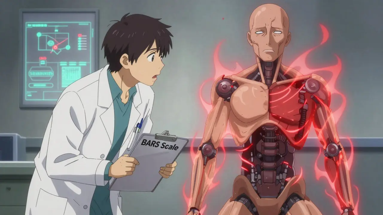 A doctor examining a patient whose body visually splits between calm and violently vibrating energy, symbolizing akathisia with medical charts in background.