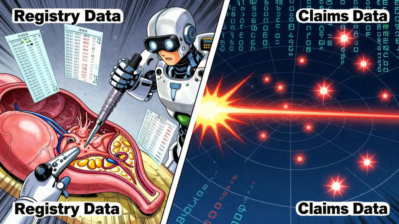 A dual-panel scene showing registry data dissecting an organ and claims data scanning billing codes, with a robotic sentinel filtering signals.