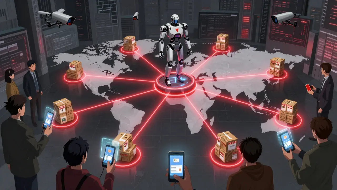 A global network of counterfeit drug seizures converging on a detection hub with citizens verifying meds using handheld devices.