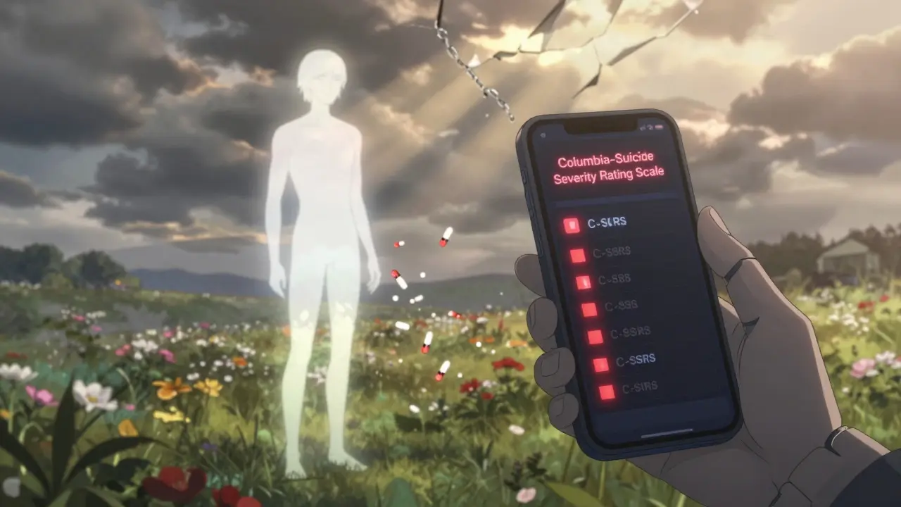 A hand holds a suicide risk assessment screen as a translucent version of the person dissolves into light, pills falling away into stormclouds below.