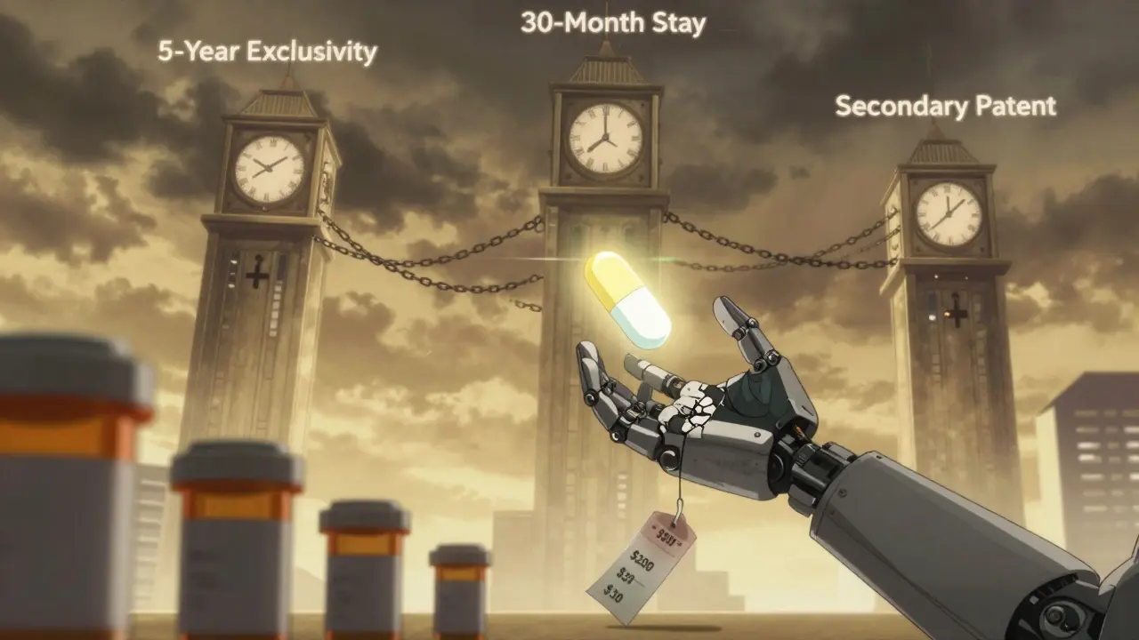 A patient reaches for a generic pill as three spinning clock towers of legal delays bind a medical symbol with chains.