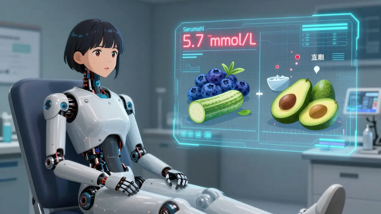 A patient views a holographic display showing dangerous potassium levels, with healthy food alternatives floating beside them.