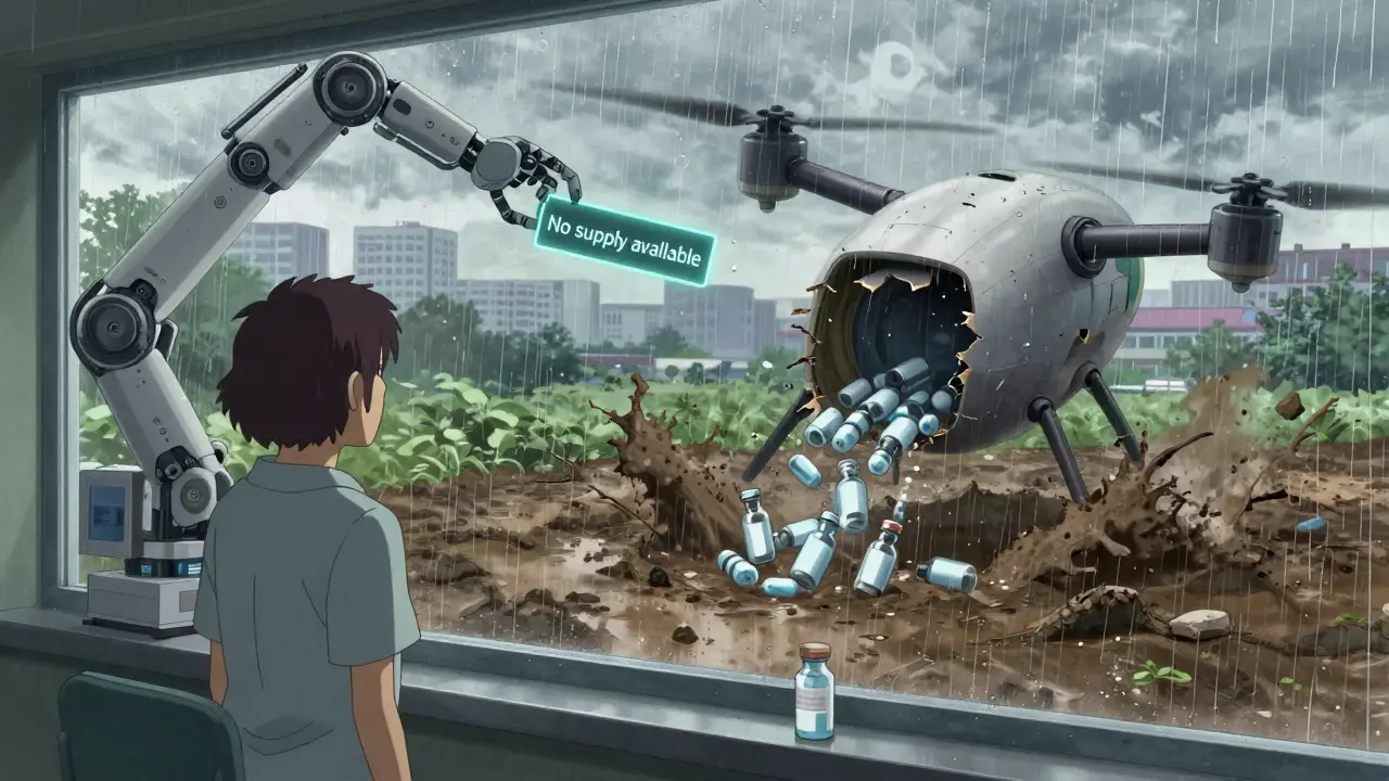 A patient watches a crashed drug drone outside a rural clinic, symbolizing unequal access to medication.