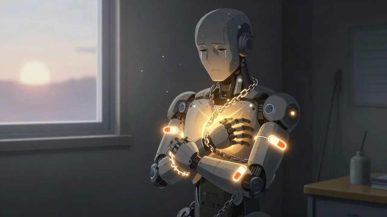 A person trapped by glowing medication chains, one breaking as golden light spreads, representing relief from akathisia with sunrise in window.