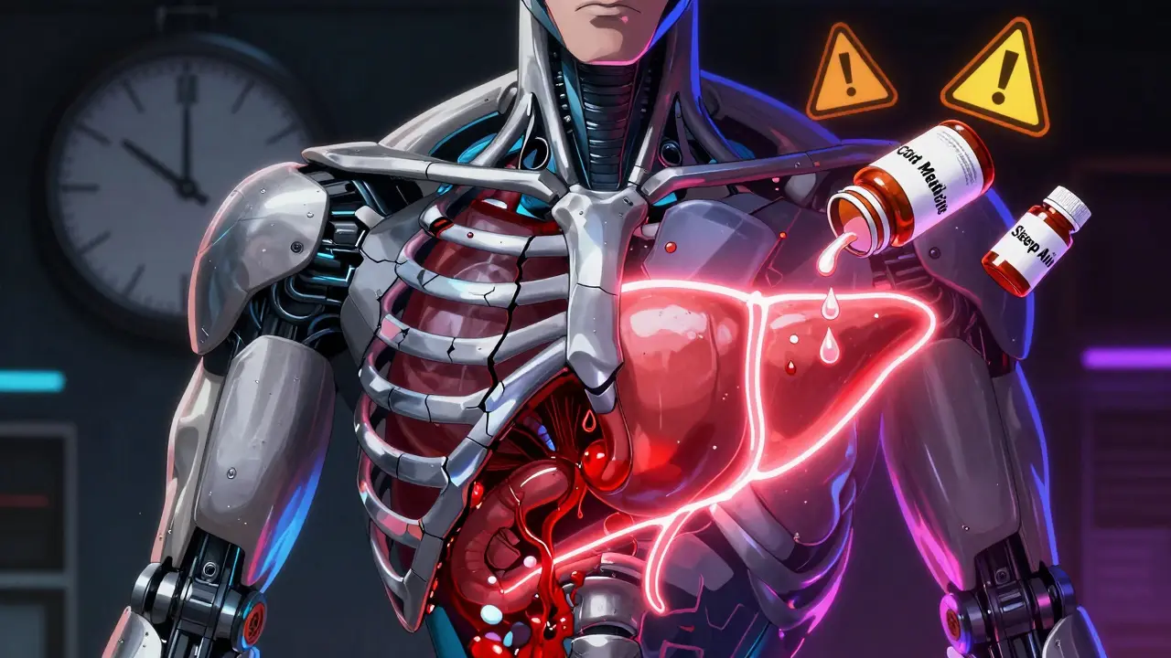 A split human body shows liver damage from acetaminophen and stomach bleeding from NSAIDs.