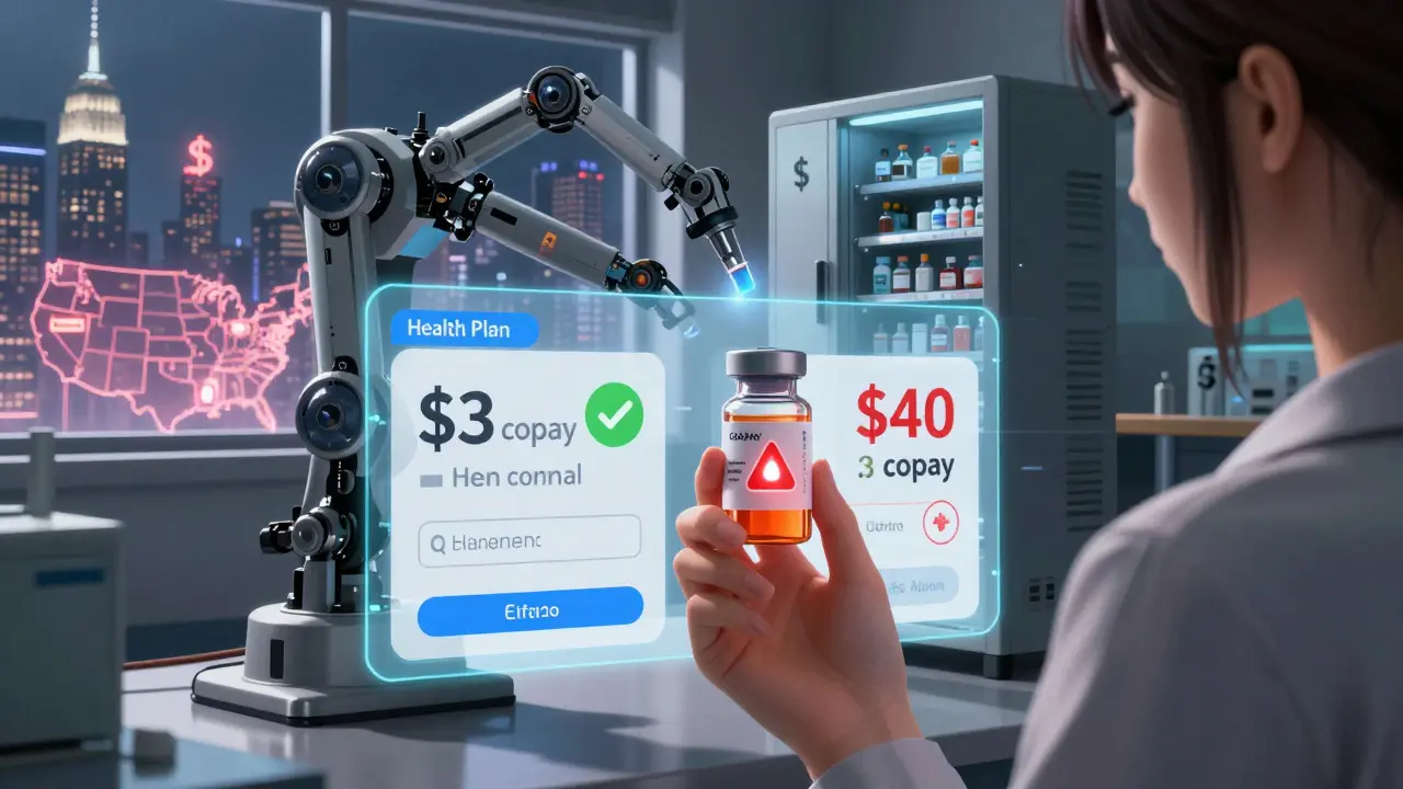 A woman’s hand holds a pill bottle as digital plan comparisons flash with cost warnings.