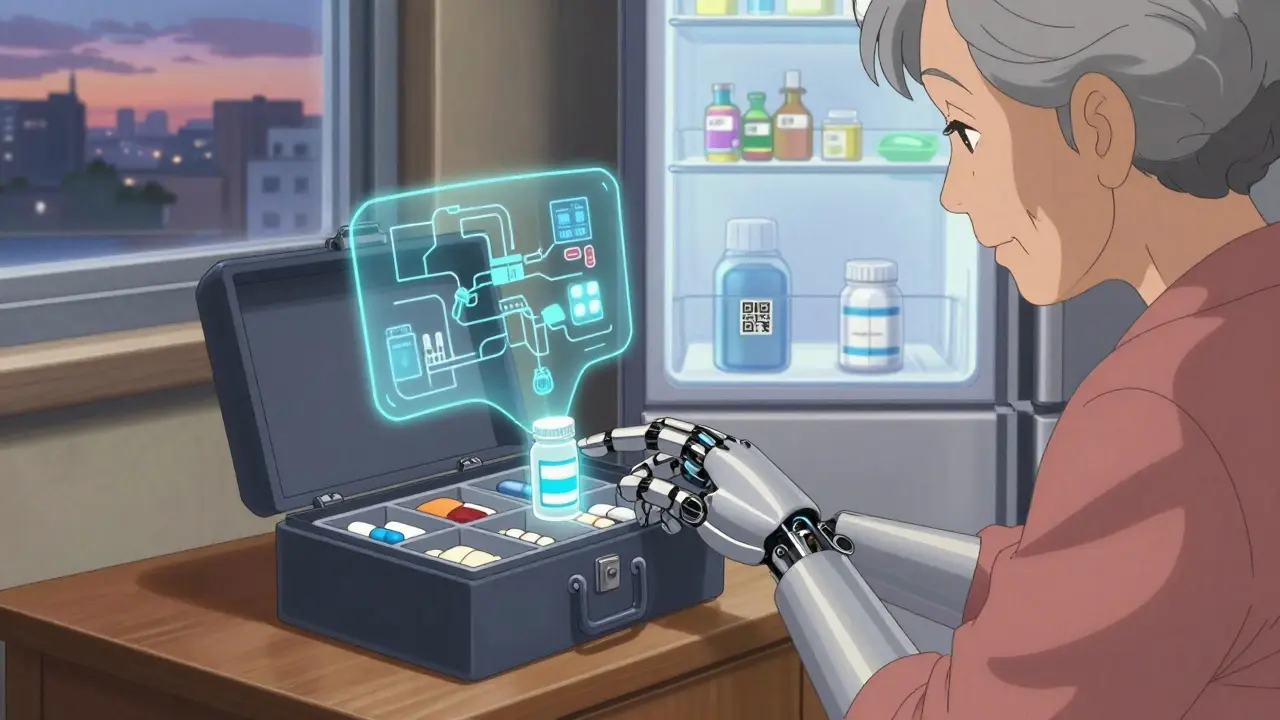 An elderly woman uses a voice-activated smart lockbox to access her medications, with a holographic drug journey visible nearby.