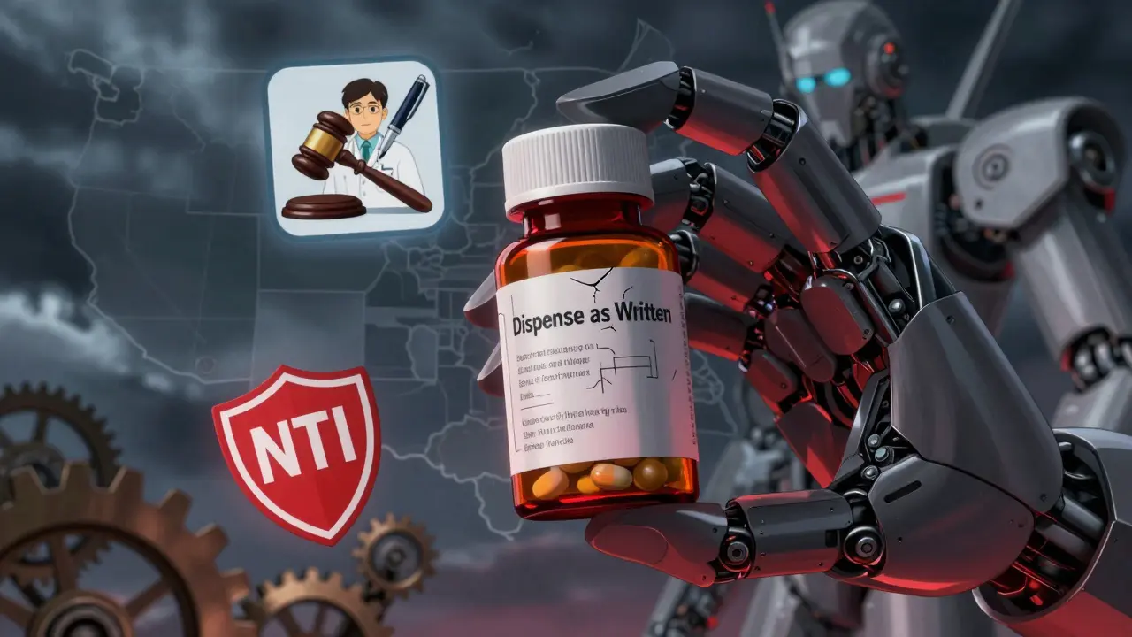 Close-up of a pill bottle with cracked label revealing internal schematic of a narrow therapeutic index drug.