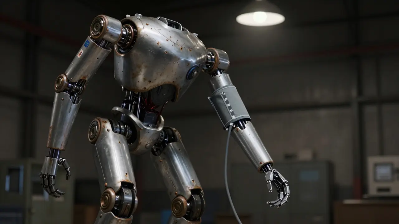 Hydraulic robot leg leaking fluid, blood pressure cuff on arm, metallic silver body.