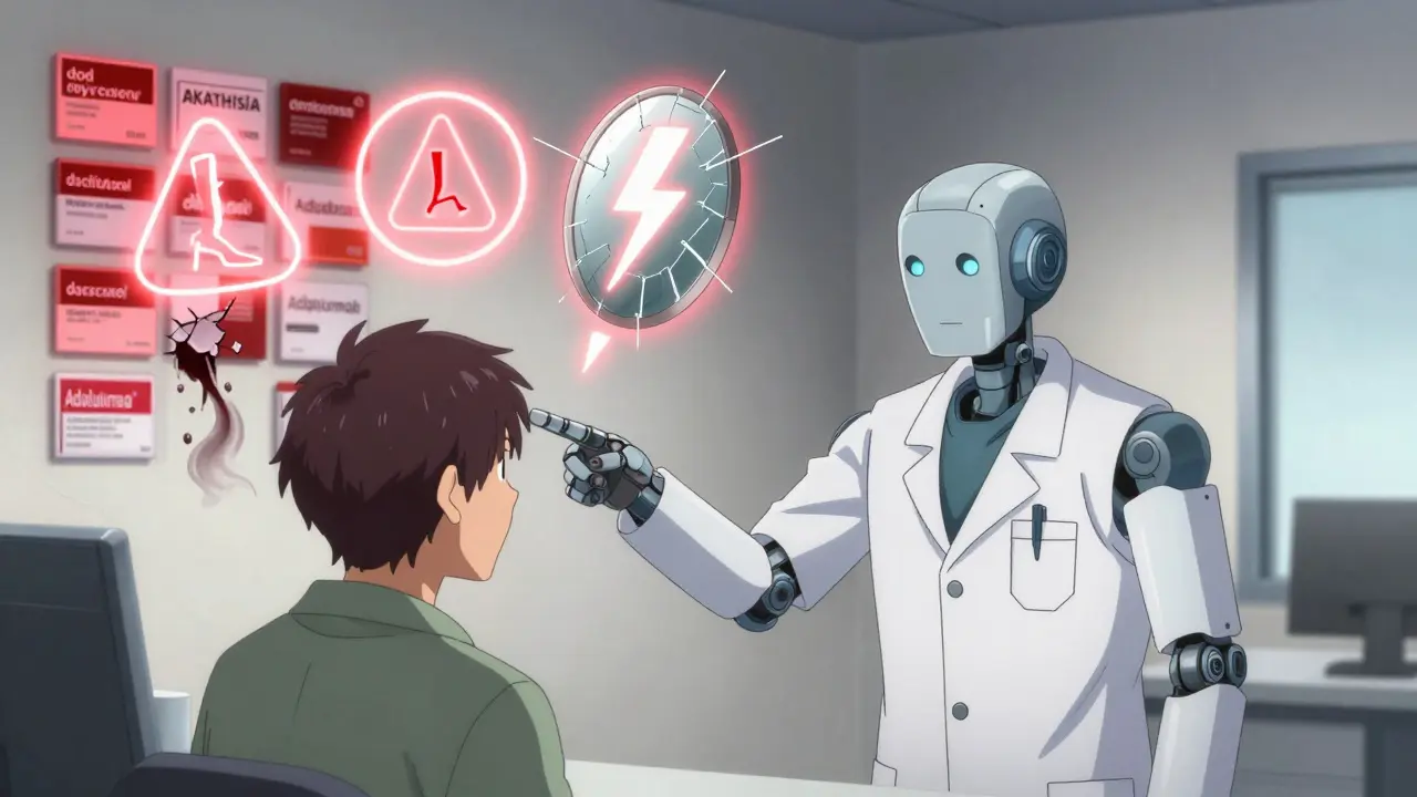 In a doctor’s office, three glowing warning symbols hover above a patient as red-labeled drugs leak dark smoke, symbolizing dangerous side effects.