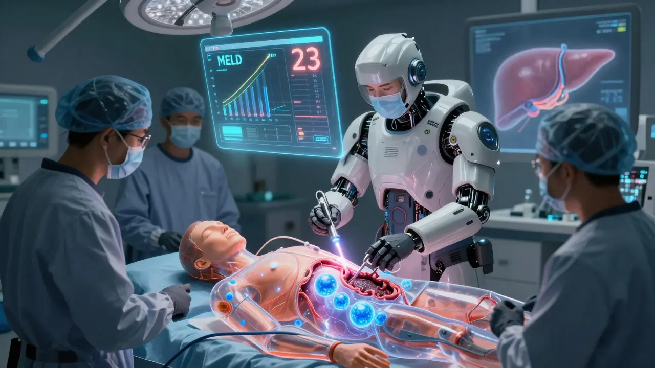 Medical team using high-tech tools to remove liver scar tissue, with a holographic MELD score display.