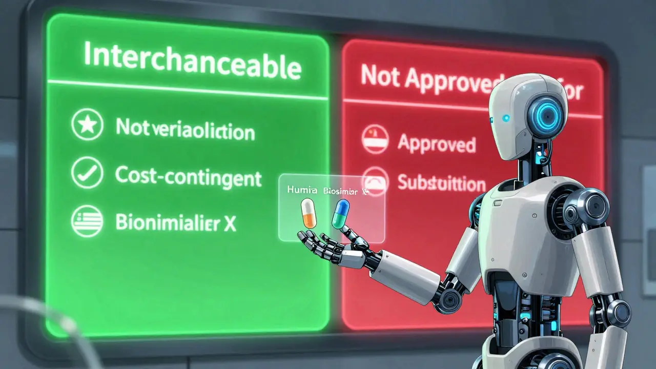 Patient facing a digital wall showing biosimilar drug statuses with robotic arm offering two different pill options.