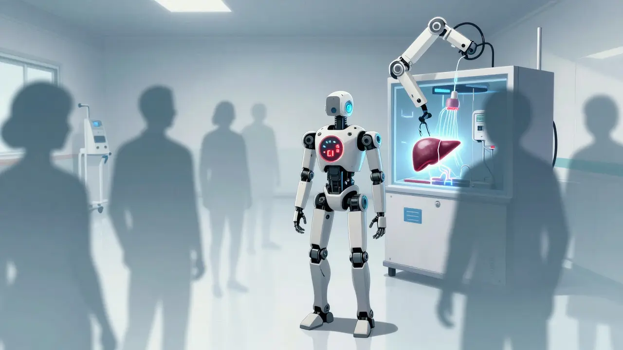 Patient facing a waiting list terminal as a repaired donor liver glows in a machine perfusion chamber.