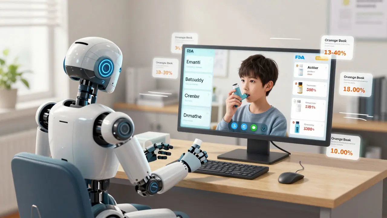 Pharmacist conducting a video consultation about generic drug substitution with a patient.