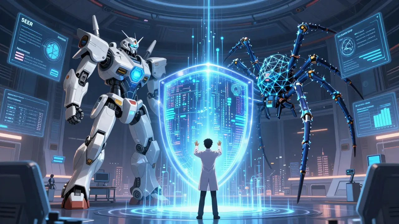 Two AI entities merging registry and claims data into a safety shield, watched by a doctor as protective data streams envelop a city.