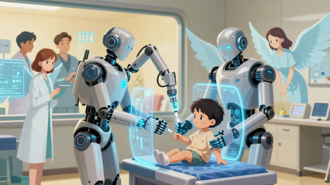 A child undergoing chemotherapy desensitization with robotic arms and holographic guardians in a pediatric medical chamber.