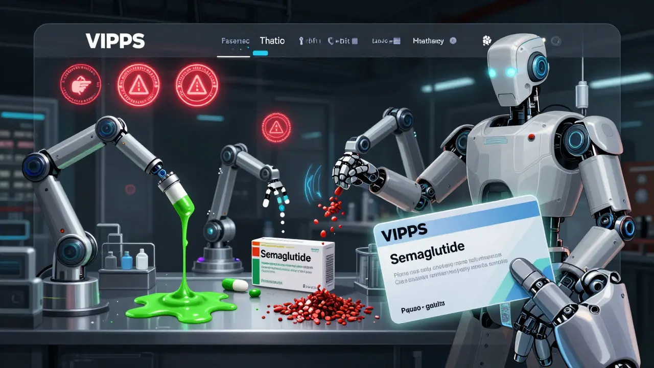 A futuristic fake pharmacy website with robotic arms assembling dangerous counterfeit pills beneath glowing seals.