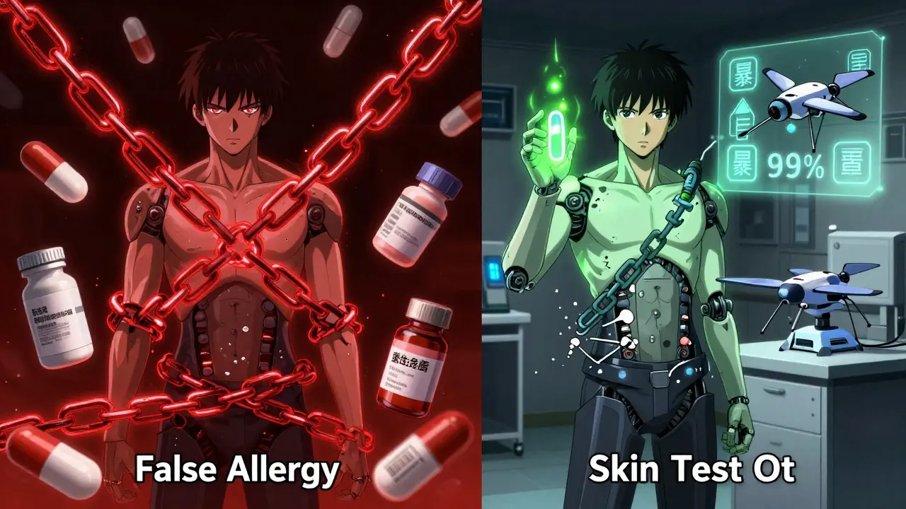 A person freed from false penicillin allergy labels, holding amoxicillin as diagnostic drones confirm safety with glowing symbols.