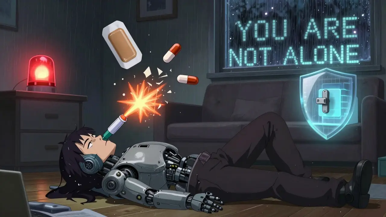 A person overdosing as naloxone spray activates, with floating medication fragments and a locked medicine box glowing nearby.