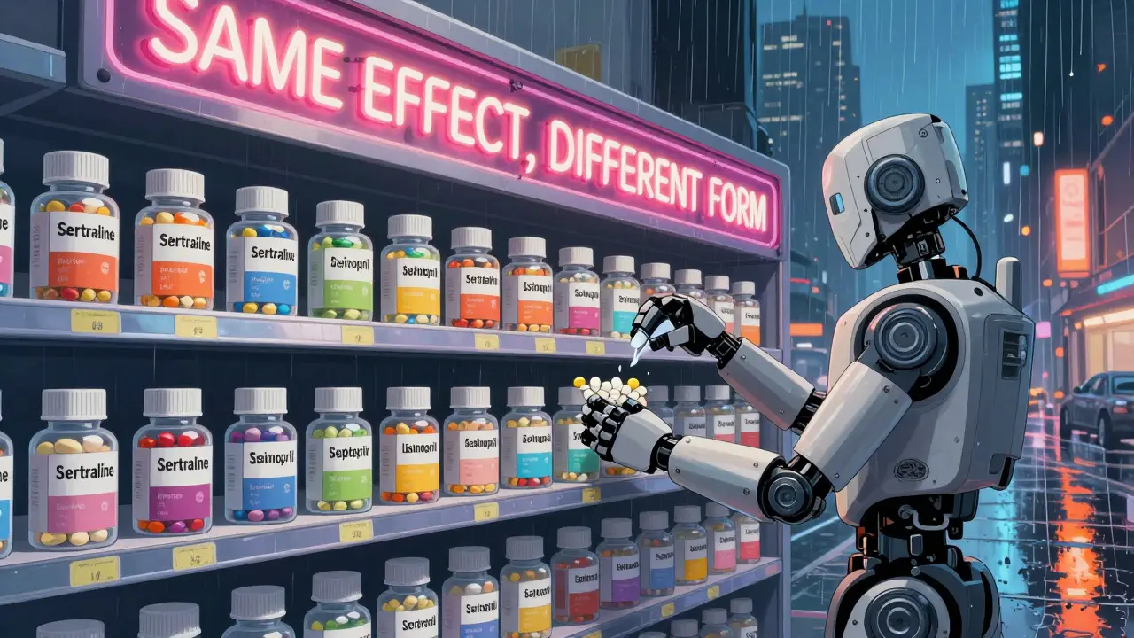 A pharmacy shelf displays multiple differently colored pills for the same drug under neon signage in a cyberpunk cityscape.