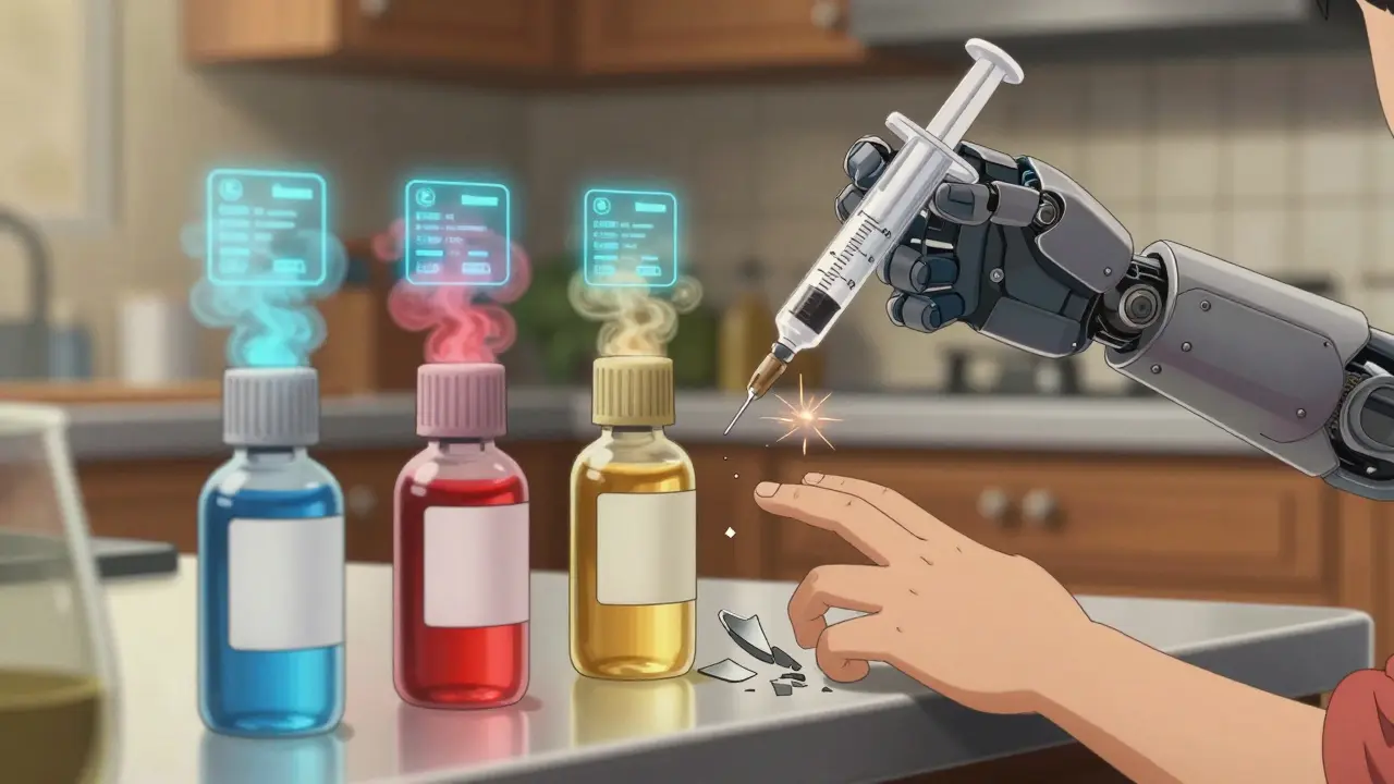 A robotic dosing syringe hovering over liquid medication bottles, with a child's hand reaching and a shattered spoon nearby.