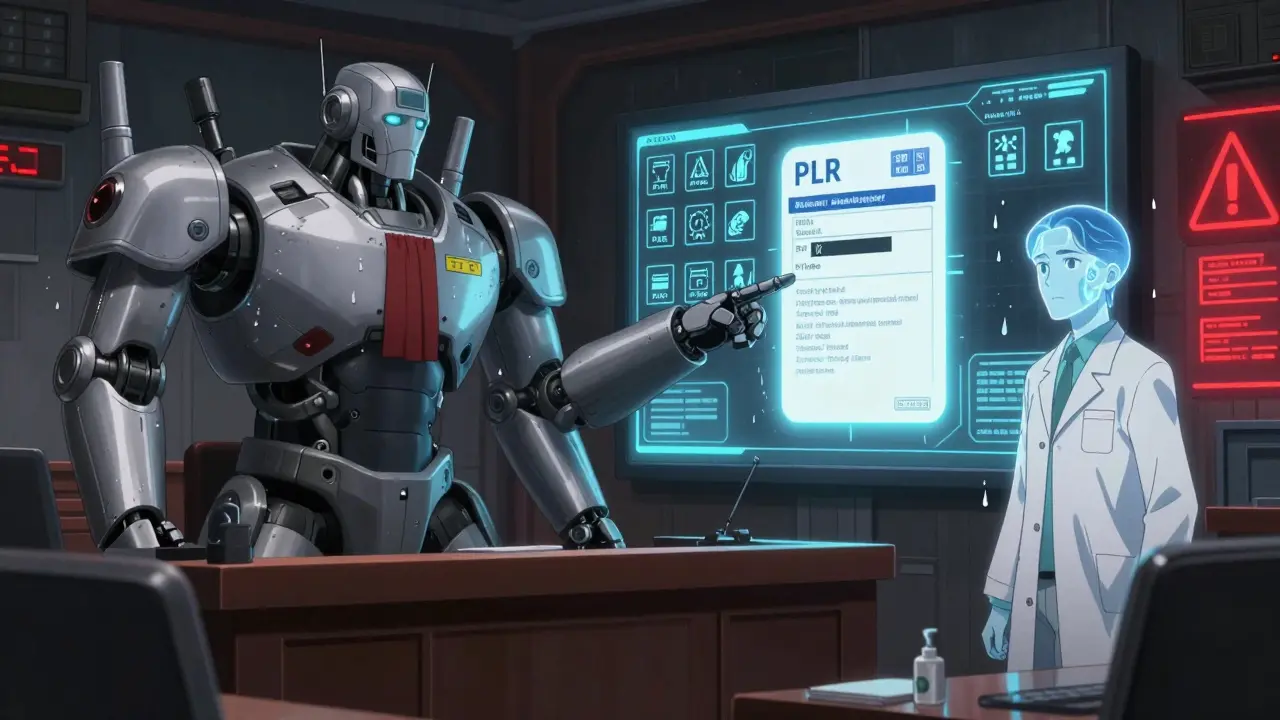 A robotic judge points at a mismatched generic drug label beside a perfect brand-name label in a digital courtroom.