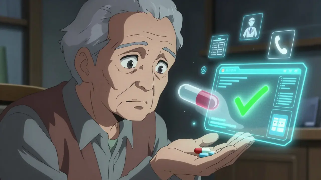 An elderly person stares at a pill as a transparent overlay shows its previous form, with medical verification icons floating nearby.