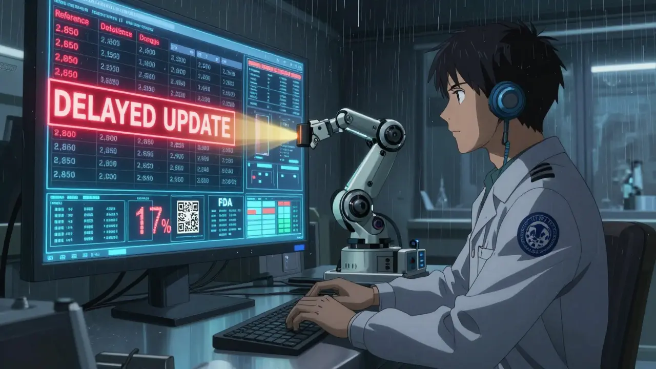 An engineer monitors 2,850 drug labels on a screen, one blinking red with a delay alert, as a robotic arm scans a QR code.