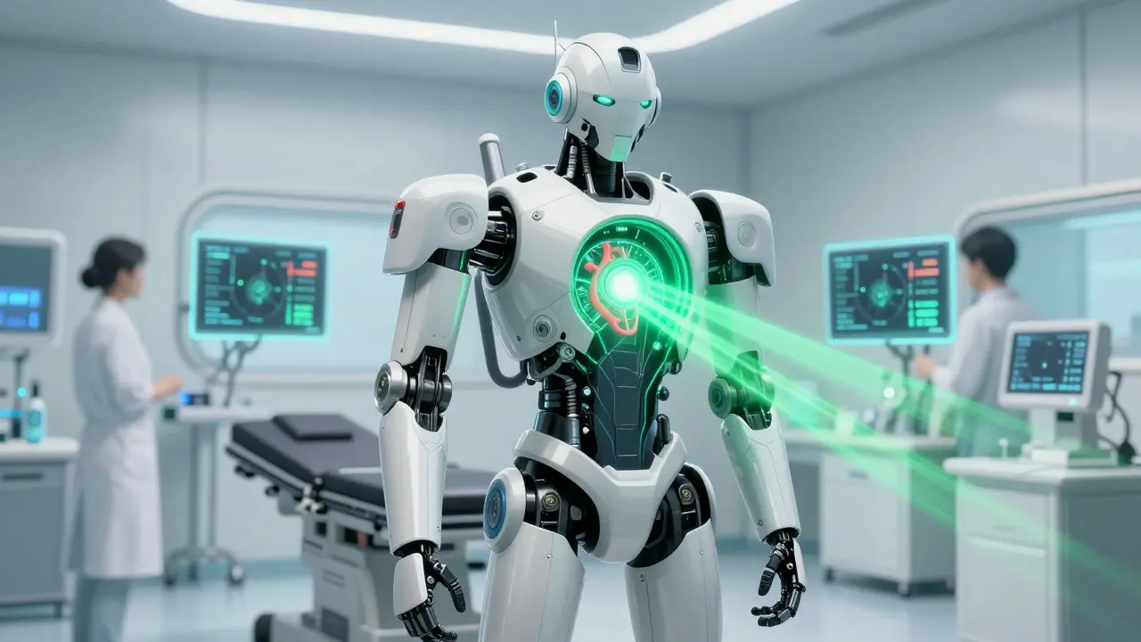 Android receiving medical scan with glowing heart diagnostics