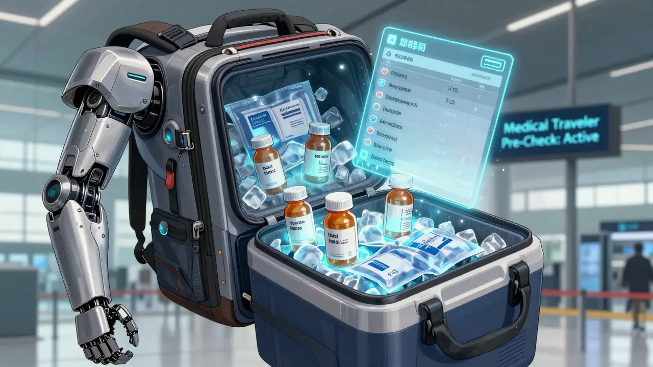 Backpack opens to reveal armored cooler with frozen ice packs and labeled prescription bottles, digital list floating above.