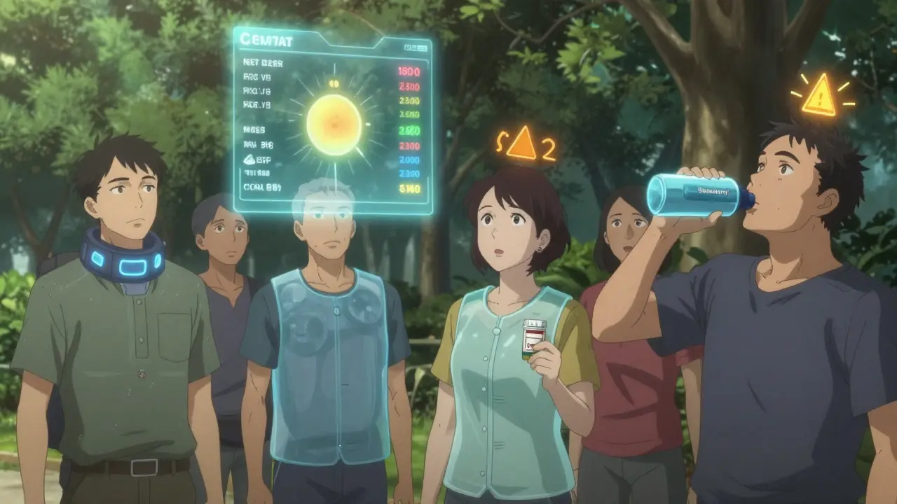 Group of adults wearing cooling gear under AI-generated heat-risk forecast in shaded park.