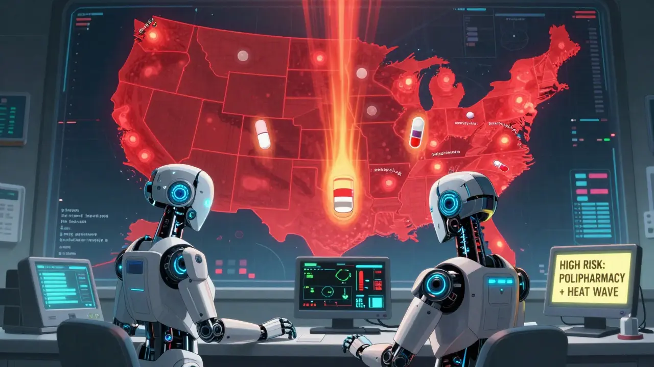 Hospital control room with digital heat map and medication icons emitting thermal waves.