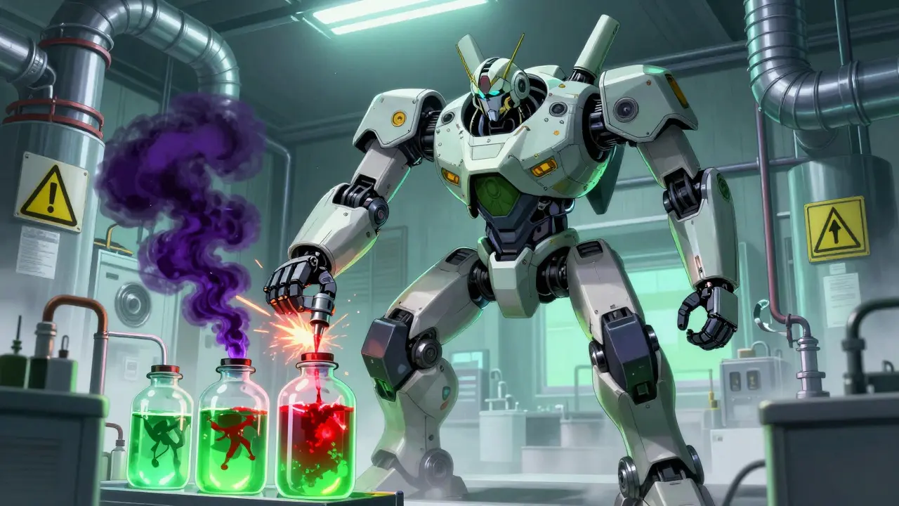 Industrial mech filtering hazardous red chemicals into green containers