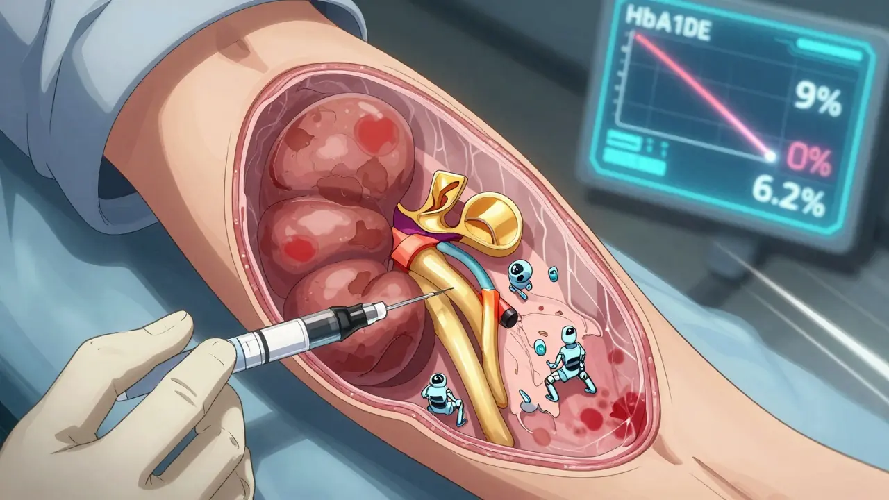 Inside a human body, a kidney’s filters are being repaired by golden shields and nanobots as blood sugar levels drop on a digital display.
